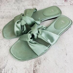 ZARA Knotted Flat Sandals Satin Flip Flops Green Bow Slippers size 39 US 8.5
